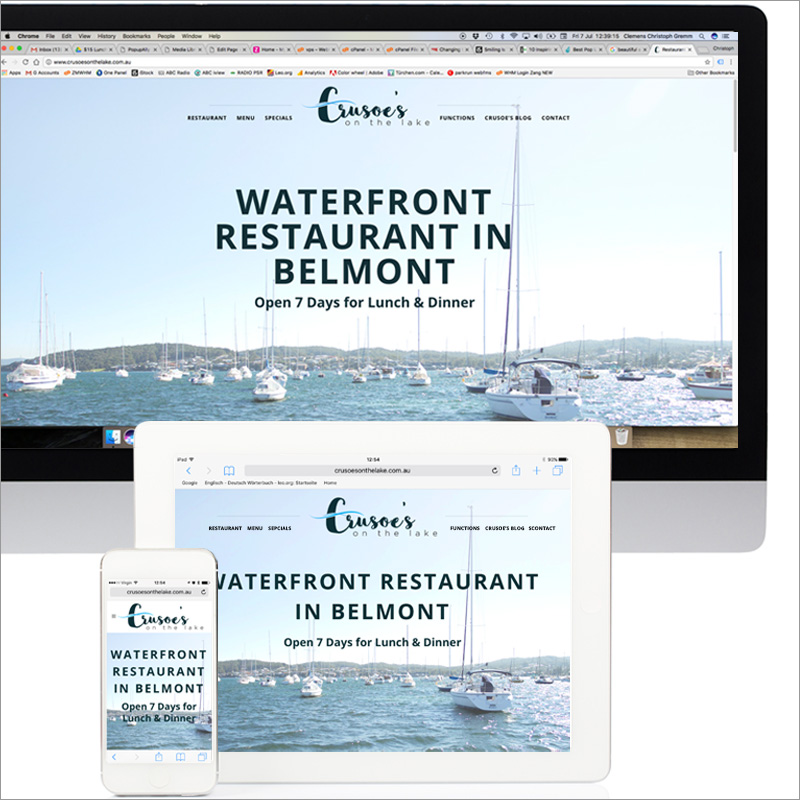 Grimmel. • web design, graphic design, logo design project for Crusoe's on the Lake Restaurant Belmont, Lake Macquarie